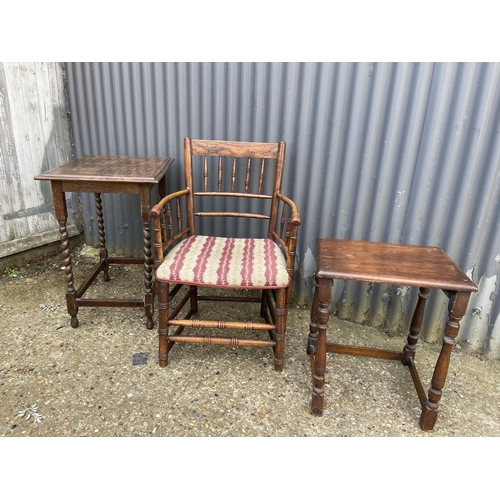 5 - An elm carver chair, barley twist table and another table