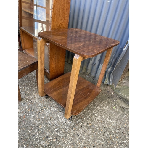 76 - Oak cabinet, walnut table, airer and oak box