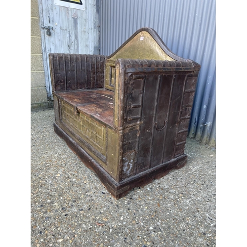 308 - An eastern style brass overlaid blanket box bench seat 122x67x120. VERY HEAVY.