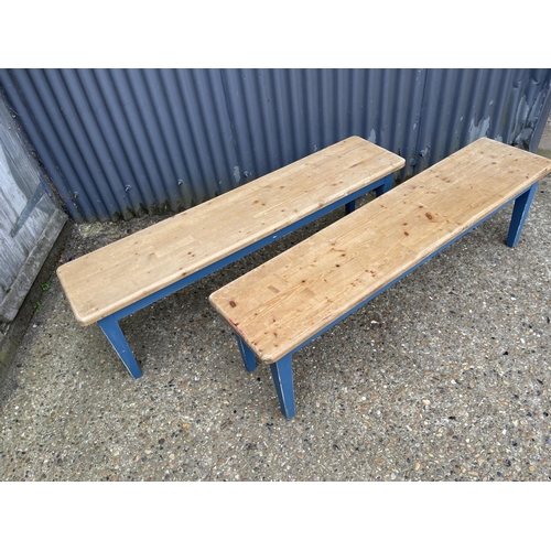 10 - A pair of blue painted pine benches 153 x35x45