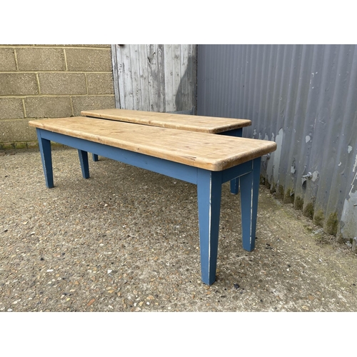 10 - A pair of blue painted pine benches 153 x35x45