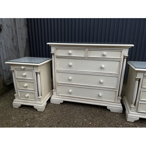 138 - A french style white painted chest of five drawers together with pair of matching three drawer bedsi... 