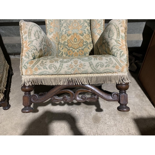 153 - Pair carved oak framed wing armchairs