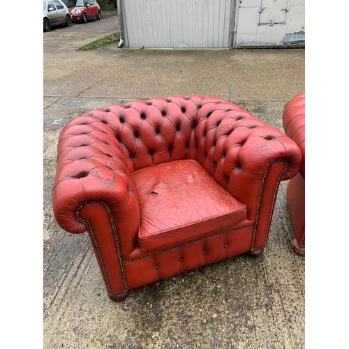 160 - Red leather buttoned chesterfield 3 piece suite for repair