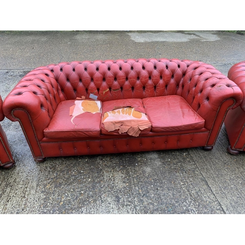 160 - Red leather buttoned chesterfield 3 piece suite for repair