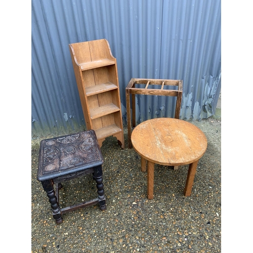 181 - Small oak bookcase, 2 occasional tables and umbrella stand