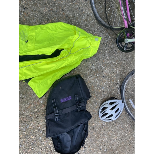 250 - A pink ladies cycle with helmet, bag, jacket and pump