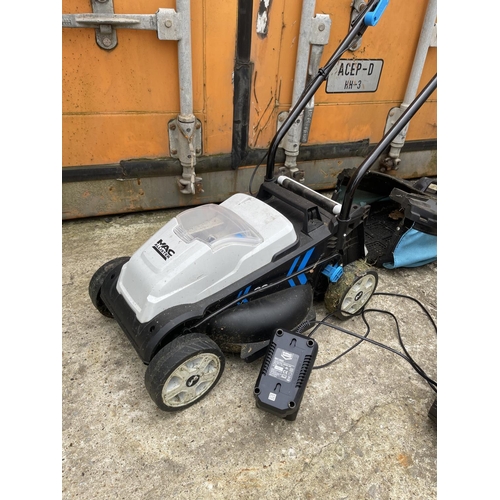 275 - A MAC cordless electric lawn mower with batteries and charger together with another electric mower