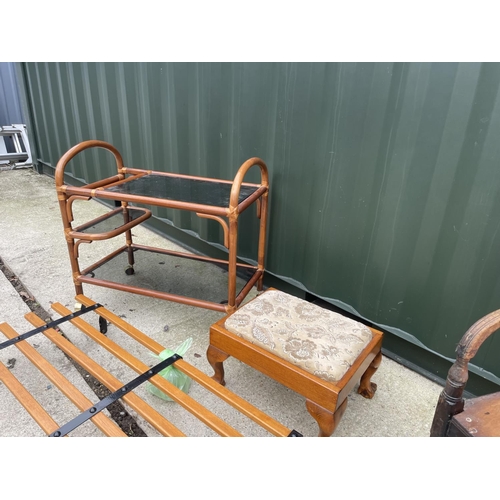 296 - A bamboo framed trolley with smoked glass together with stool, chair, airer rack and a metal hook