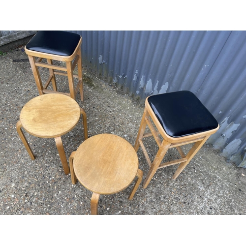 30 - A pair of kitchen stool with black vinyl together with two bentwood style stools