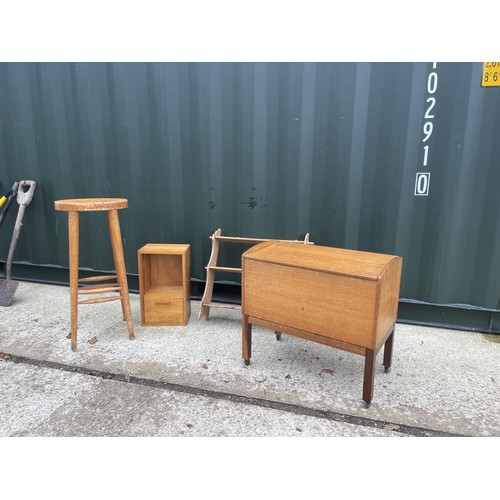 338 - Teak sewing box, stool, shelf and box