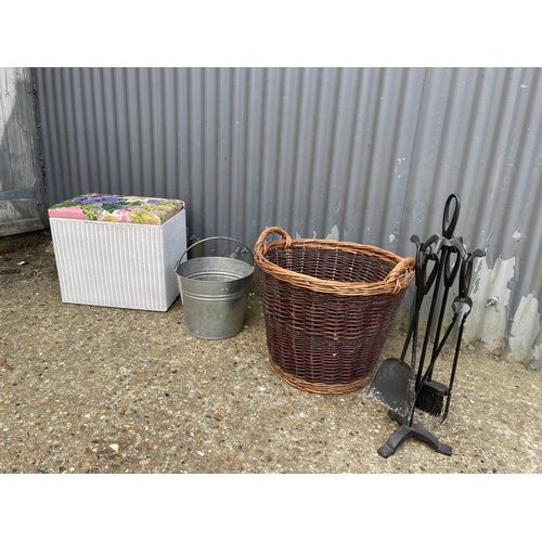 34 - Companion set, loom box, log basket and galvanised bucket