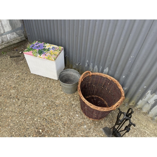 34 - Companion set, loom box, log basket and galvanised bucket