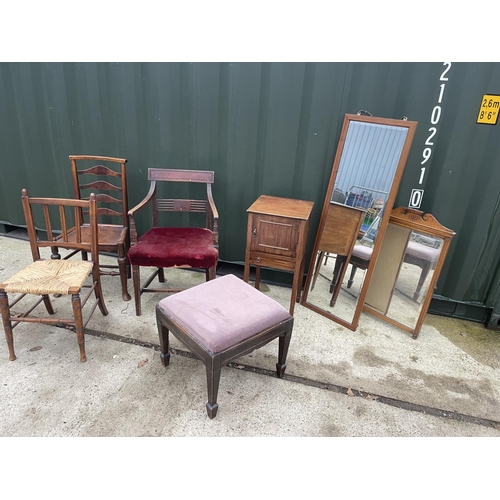 349 - A mahogany sewing box, two mirrors, three mahogany chairs and a stool