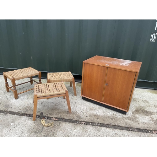 350 - Teak record cabinet and three rush seat stools