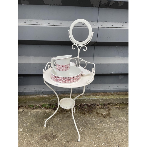 359 - A continental metal framed washstand with jug and bowl set. (mirror lacking glass)