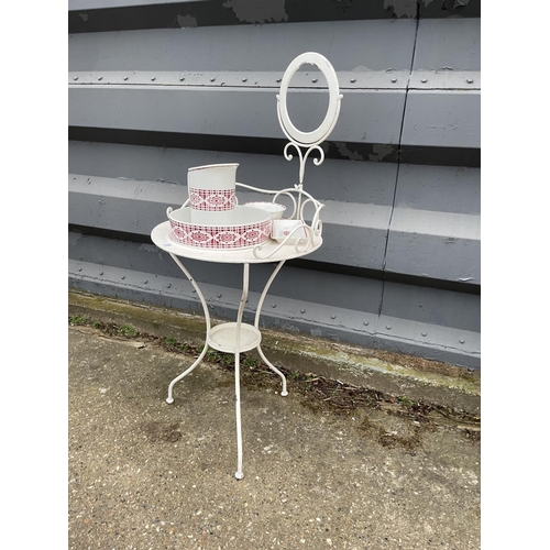 359 - A continental metal framed washstand with jug and bowl set. (mirror lacking glass)