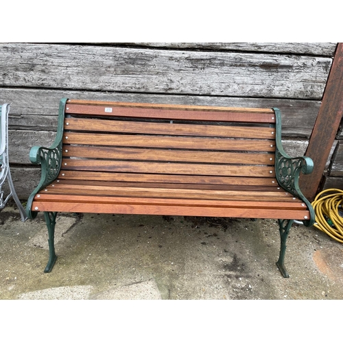 375 - Green iron end garden bench with refurbished hardwood slatted seat