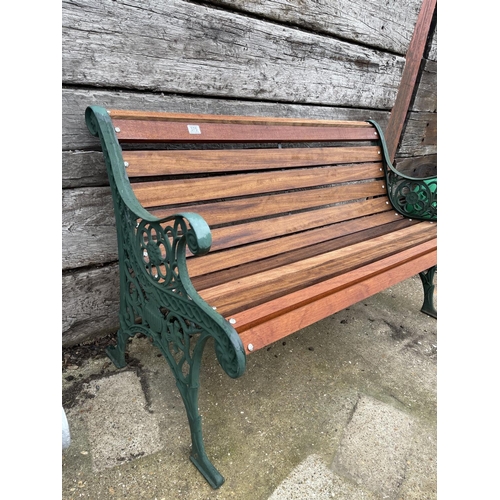 375 - Green iron end garden bench with refurbished hardwood slatted seat