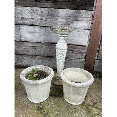 379 - Pair of circular concrete planters and pedestal stand