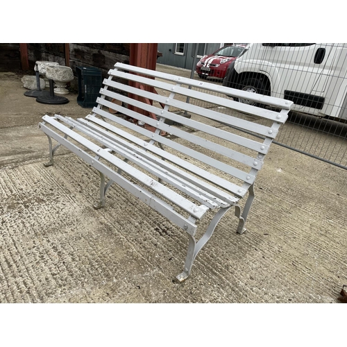 385 - Grey painted iron framed garden bench with matching chair and table