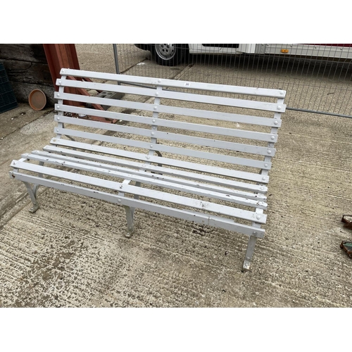 385 - Grey painted iron framed garden bench with matching chair and table