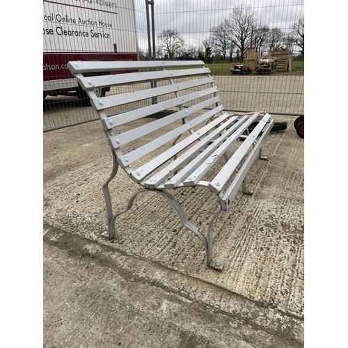 385 - Grey painted iron framed garden bench with matching chair and table