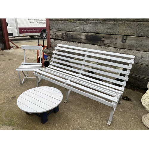 385 - Grey painted iron framed garden bench with matching chair and table