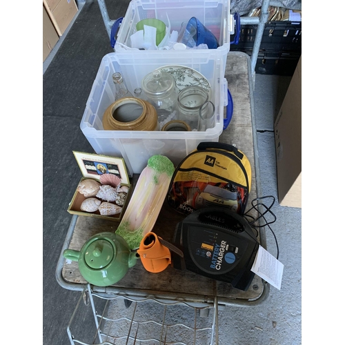 443 - 2 plastic crates of glass and Stoneware, shells, wine rack, and battery charger