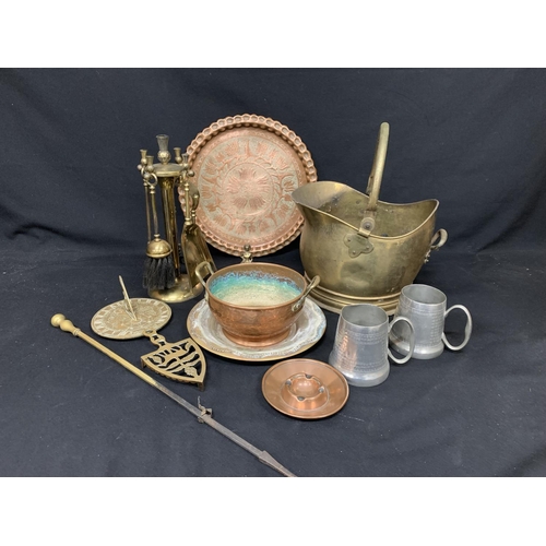 449 - Brass and copperware and 2 pewter tankards