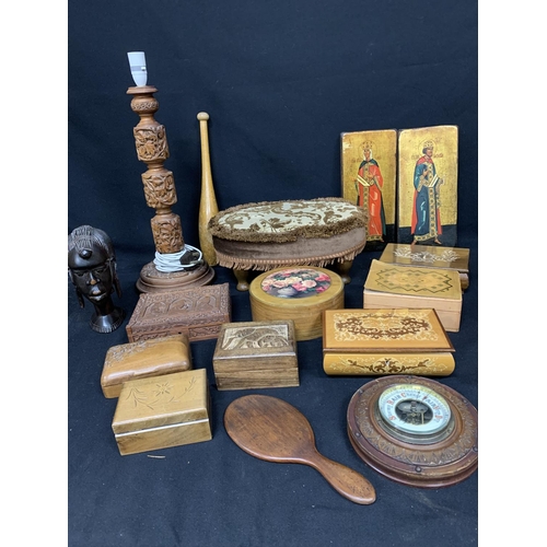 450 - Collection of wooden boxes, footstool, Barometer, religions plaques etc