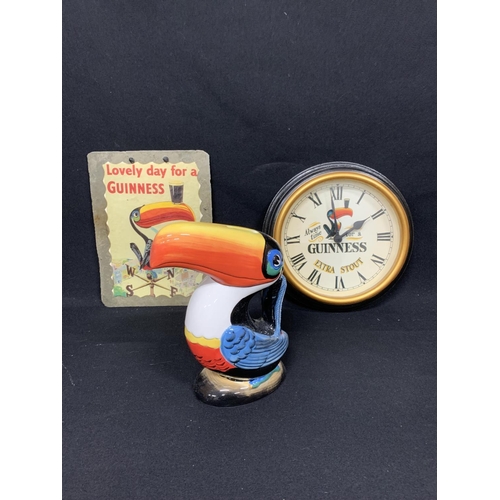 451 - Guinness Toucan Money Box, height  21cms, Metal Plaque and Clock