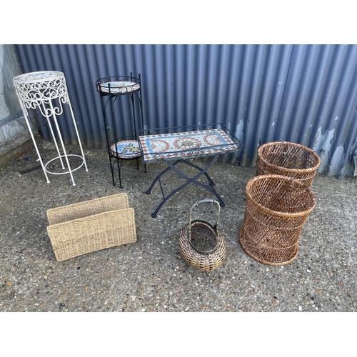 55 - Three metalwork occasional tables and four pieces of wicker ware