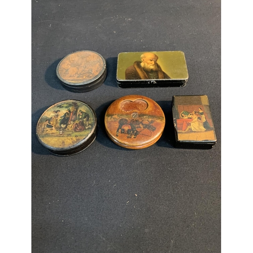 565 - 5 assorted antique Russian lacquer snuff boxes