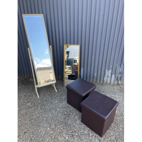 59 - Cheval mirror, gold mirror and two modern storage boxes