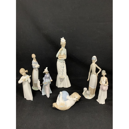 639 - Tall Lladro lady and dog figure, height 38cms, and 3 other Lladro girl figures, Nao cat figure, 2 Ll... 