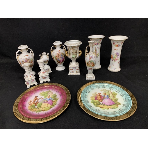 745 - Dresden style vases and two cabinet plates