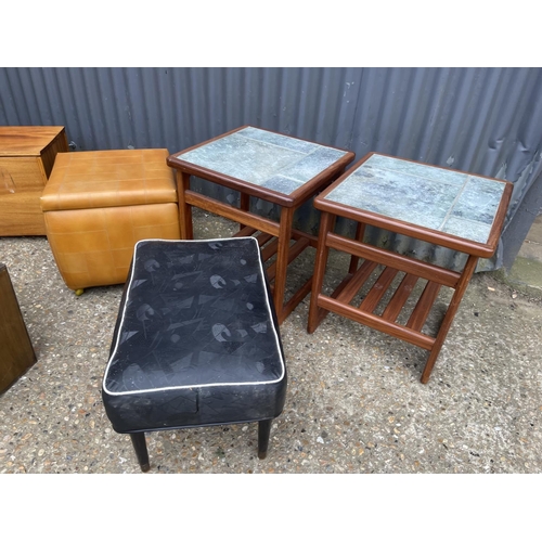 75 - Two teak side tables, two footstools, teak box and a filing rack