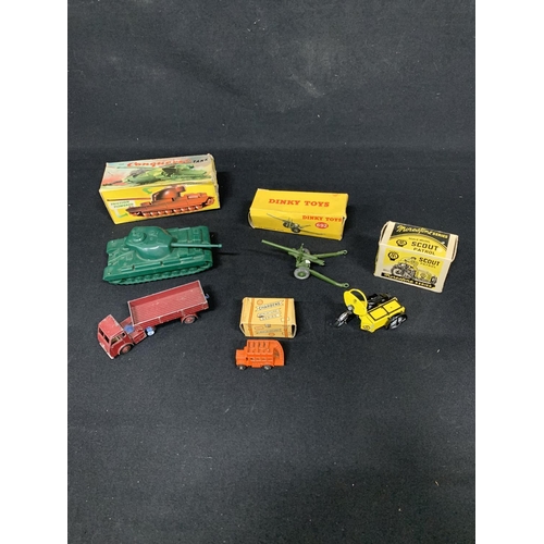 825 - Boxed Morestone AA scout patrol, Dinky 692 gun, Charbens No 3 Old Bill Bus, Friction Conqueror Tank ... 