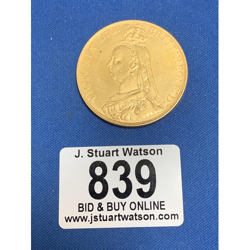 839 - 1887 Queen Victoria Jubilee Gold £5 piece, weight 40 gms