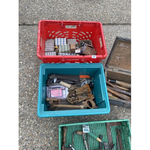 89 - Four boxes of tools including lead working tools, wood working tools, cabinet makers screws etc