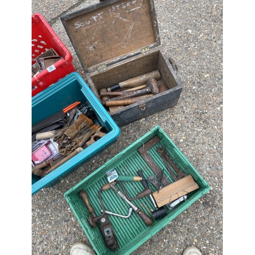 89 - Four boxes of tools including lead working tools, wood working tools, cabinet makers screws etc