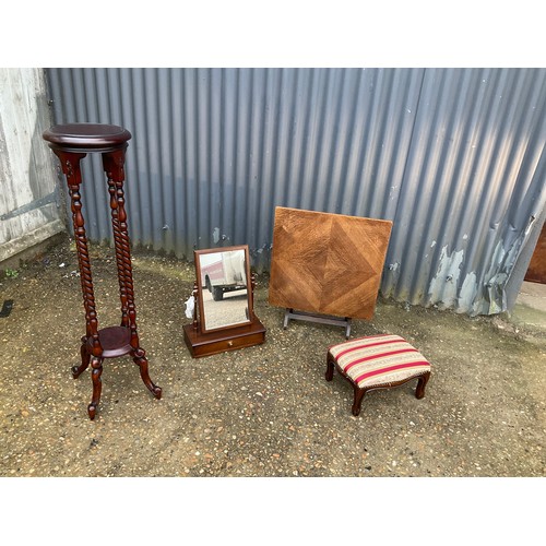 228 - Reproduction mahogany plant stand, swing mirror, folding table and stool