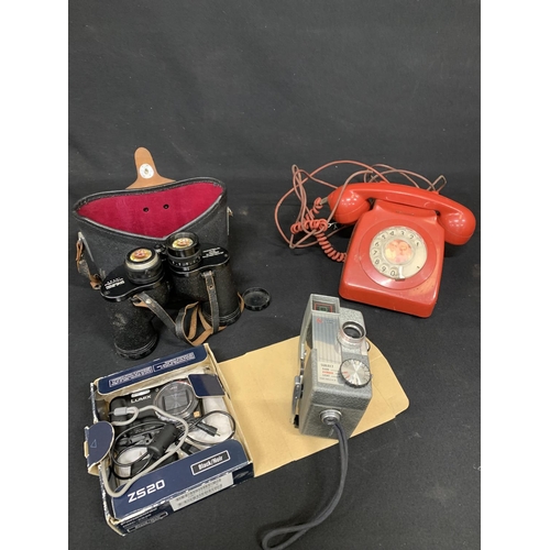 543 - Red GPO phone, Pentax binocs, LUMIX Camera and cine Camera