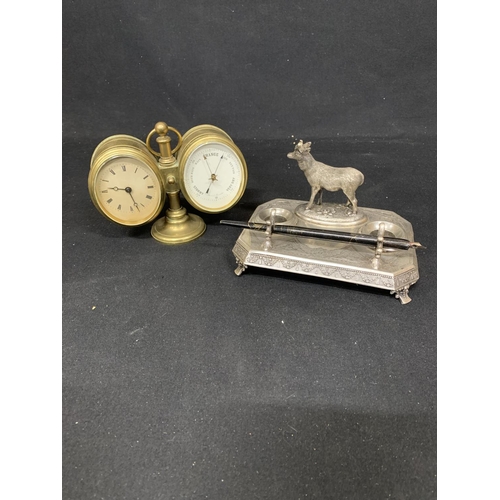 Brass desk clock barometer, with key, working and silver plated
