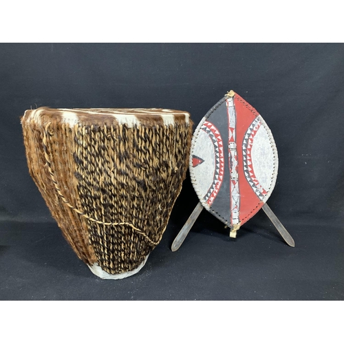 686 - Ethnic drum, height 43cms and shield