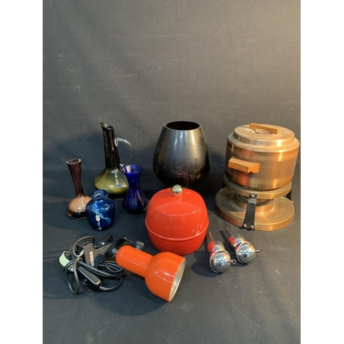 689 - Coloured glass, ice bucket, copper fondue, lamp etc