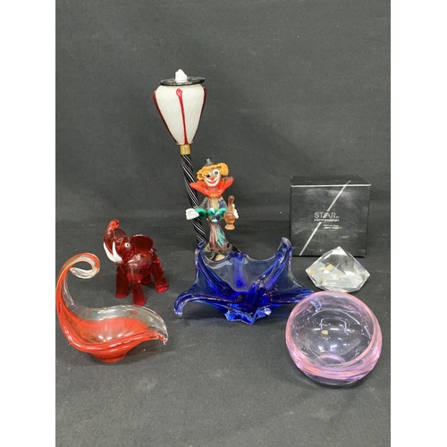 698 - Coloured glassware and figures and Julien McDonald Cut Glass Paperweight