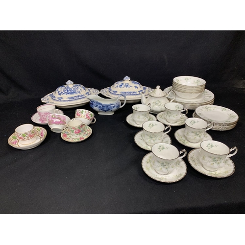 Antique Masons blue and white dishes, lids and other antique tea cups