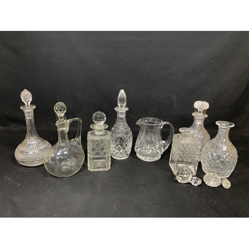 Four glass Decanters and stoppers, Cut glass jug and 3 Decanters a/f